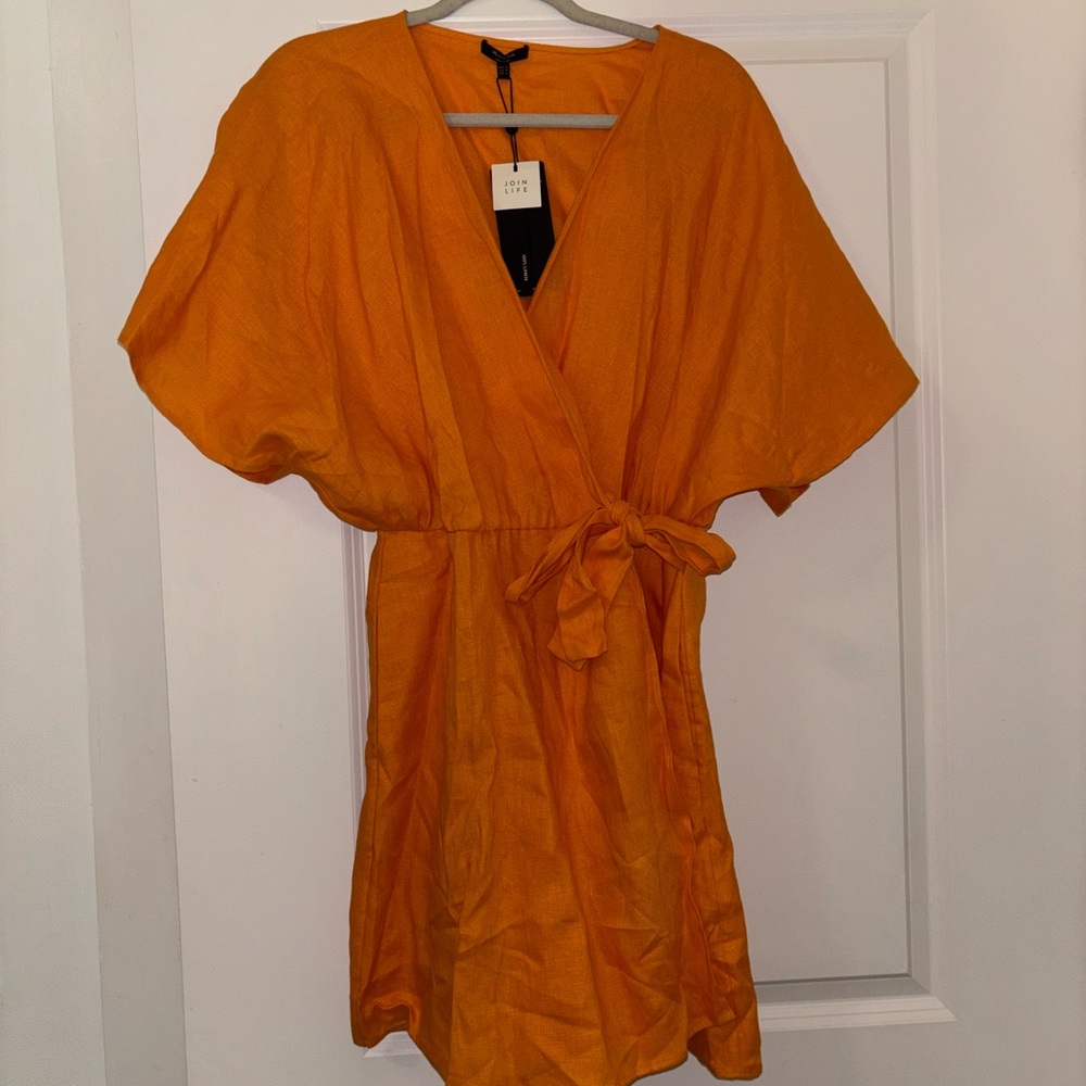 Massimo Dutti Orange Mini Wrap Dress with V-Neck 100% Linen